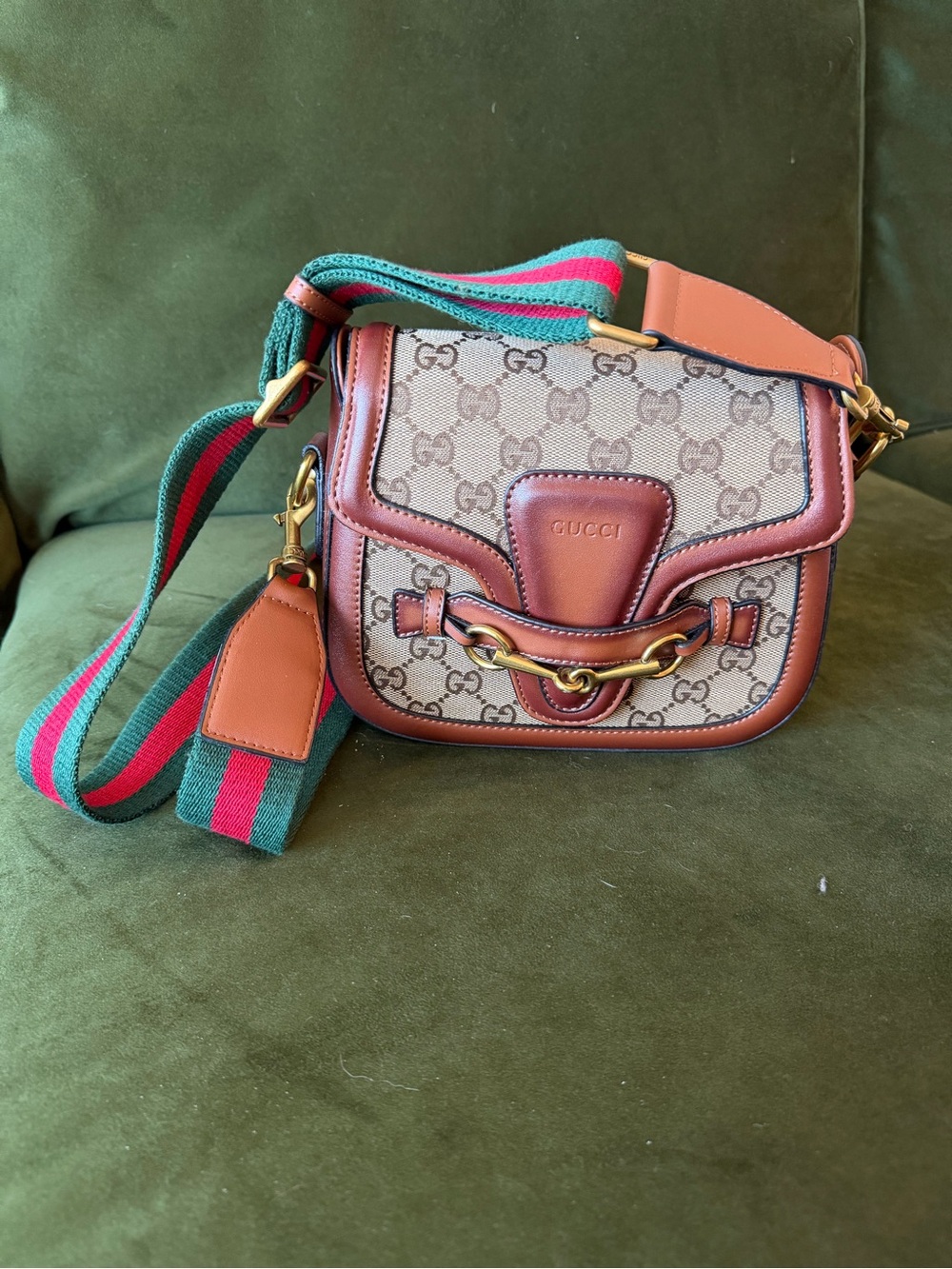 Brown GG Canvas Crossbody with Green-Red Web Strap